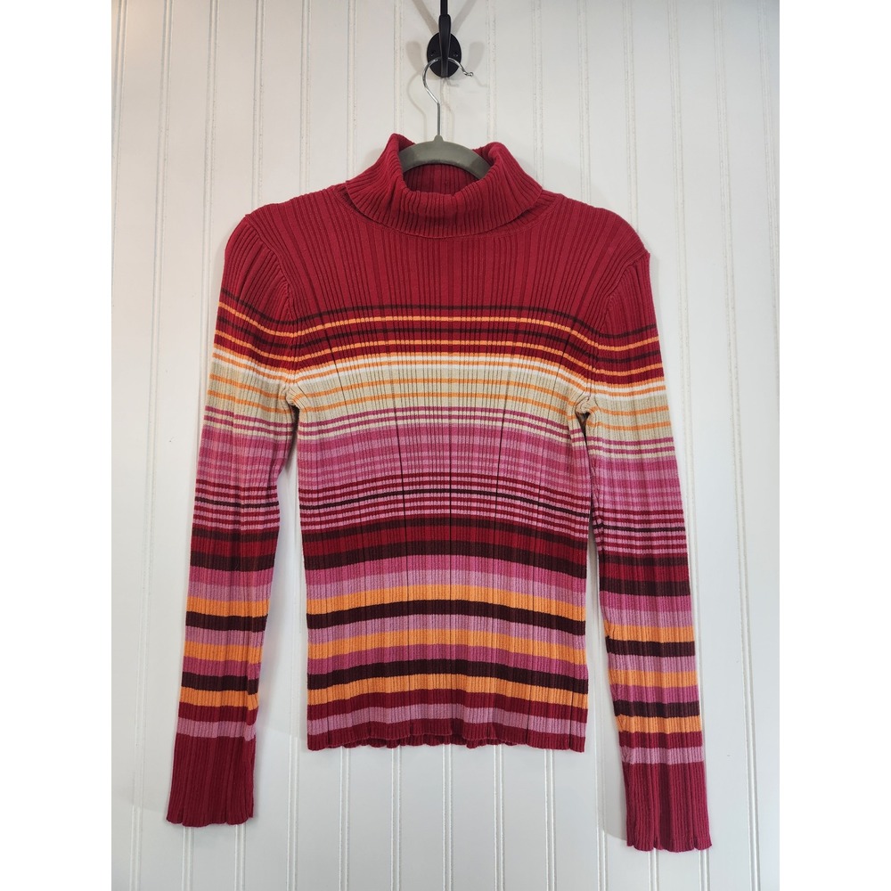 Liz Claiborne Women Red Pink Multicolor Striped Ribbed Turtleneck Sweater Med